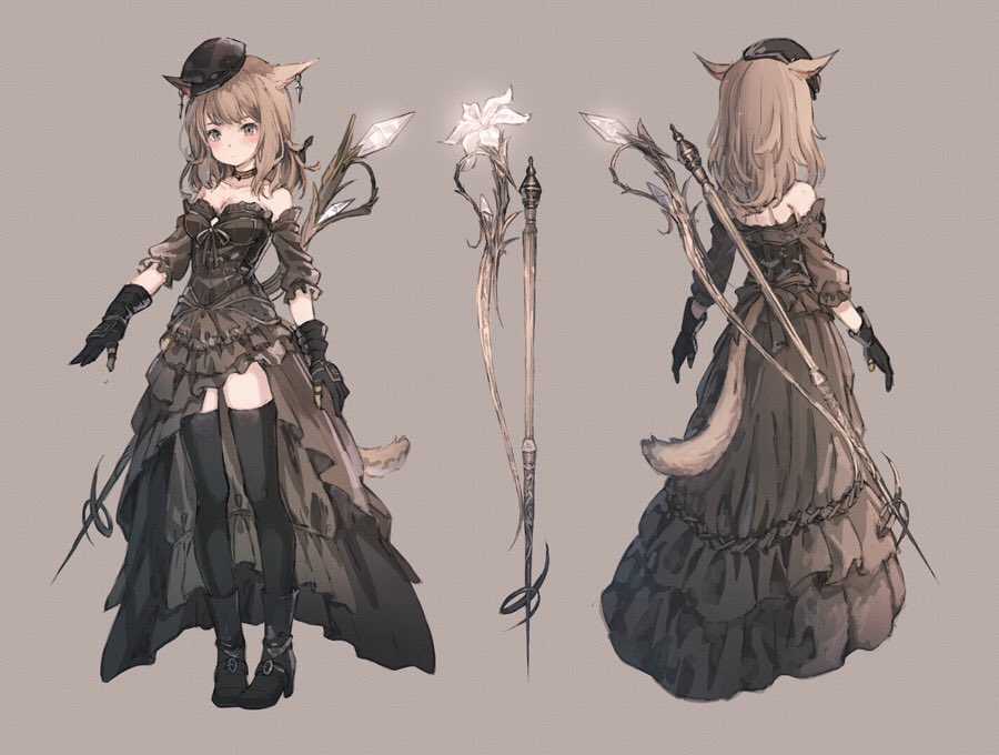 1girl animal_ears black_dress black_footwear black_gloves black_hat black_thighhighs blush brown_background brown_eyes brown_hair cat_ears cat_tail closed_mouth collarbone detached_sleeves dress earrings female_focus final_fantasy final_fantasy_xiv flower frills gem gloves glowing glowing_flower hat jewelry miqo&#039;te original oro_ponzu simple_background solo staff tail thighhighs weapon white_flower white_mage_(final_fantasy)