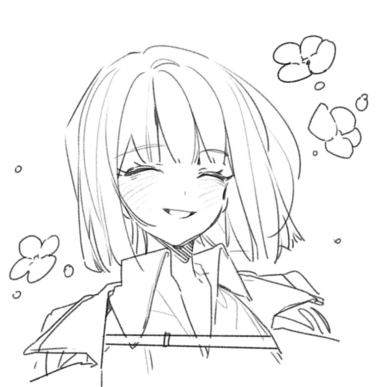 1girl blush bob_cut closed_eyes collared_shirt flower greyscale grin jacket jacket_on_shoulders lapels limbus_company monochrome notched_lapels out_of_character portrait project_moon rw0419 ryoshu_(project_moon) shirt simple_background smile solo upper_body
