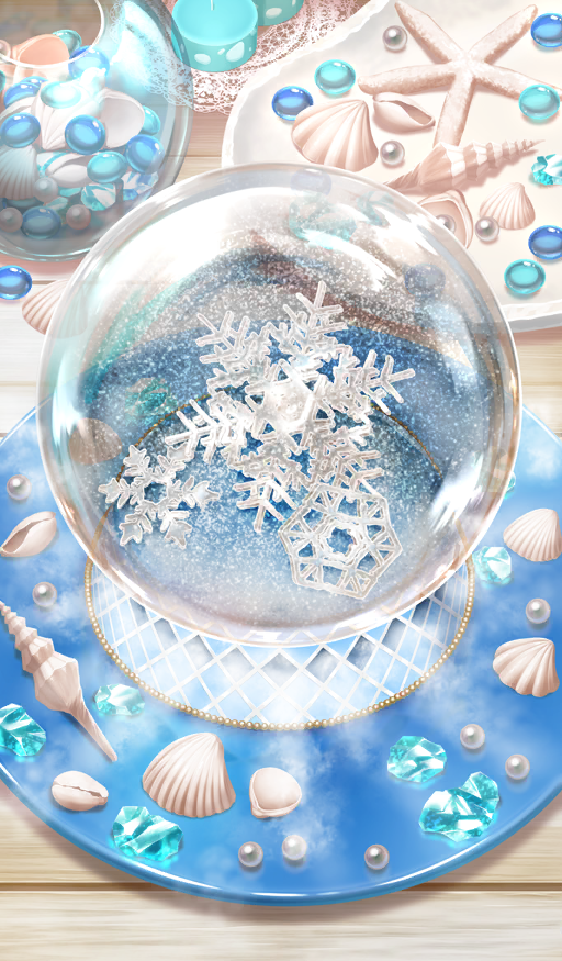 candle commentary conch cowry_shell doily fate/grand_order fate_(series) fishbowl gem no_humans object_focus official_art pearl_(gemstone) plate snow_globe snowflakes starfish still_life third-party_source xxxxay