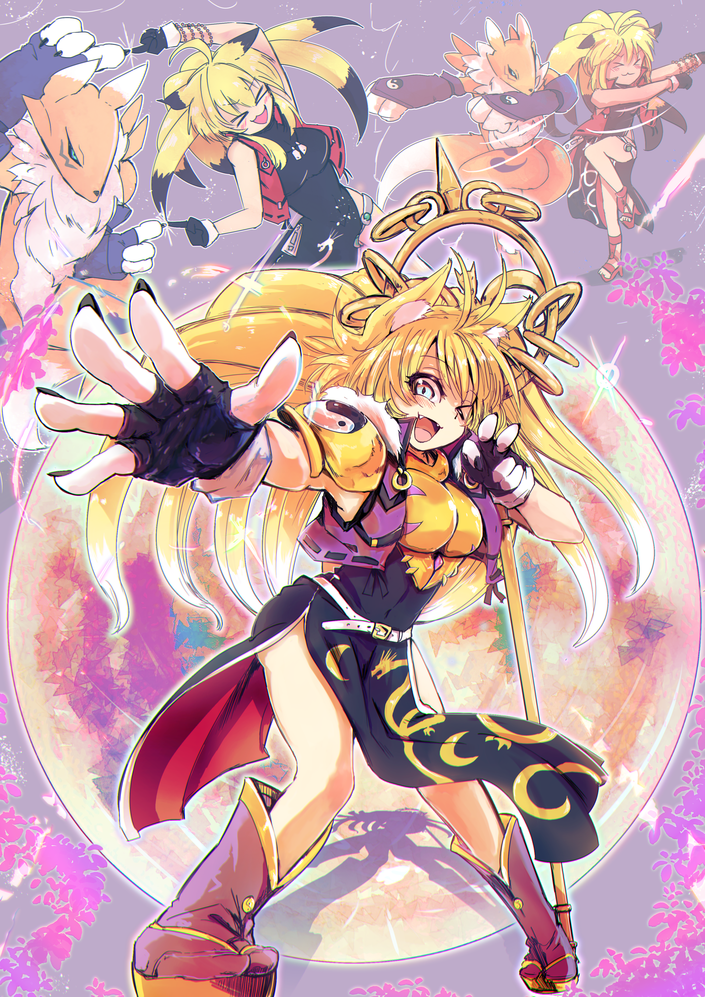absurdres armor blonde_hair breasts digimon digimon_(creature) fusion fusion_dance highres large_breasts long_hair medium_breasts nail_polish renamon sakuyamon staff xiaomu