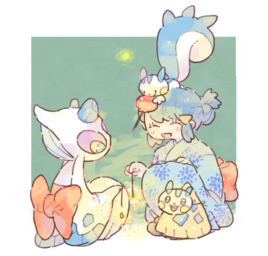1girl ^_^ alternate_costume blue_hair blue_kimono candy_apple closed_eyes dawn_(pokemon) food froslass gen_3_pokemon gen_4_pokemon hair_ornament hair_up holding holding_fireworks japanese_clothes katiko kimono mask nintendo no_nose on_head open_mouth pachirisu pokemon pokemon_(creature) pokemon_dppt pokemon_on_head short_hair smile snorunt