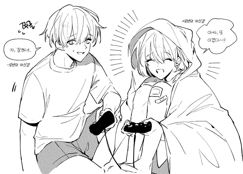 1boy 1girl bandaid bandaid_on_leg controller degrees_of_lewdity game_controller hood monochrome oxz0bfmsaq68221 player_character_(degrees_of_lewdity) robin_(degrees_of_lewdity) white_background