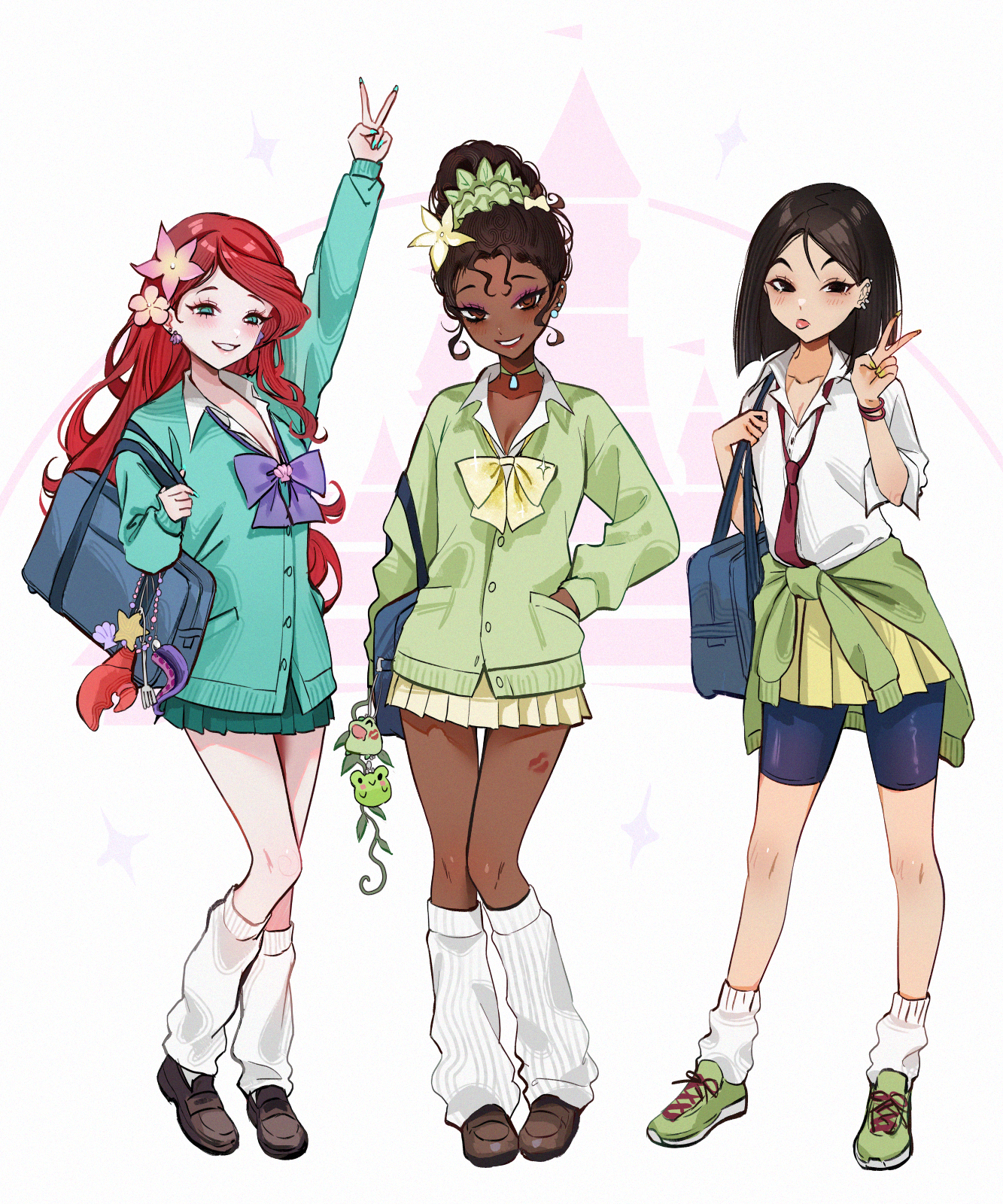 3girls ariel_(disney) barbell_piercing bike_shorts bimbofication black_hair blue_eyes bow bowtie brown_eyes brown_hair cardigan cardigan_around_waist choker clothes_around_waist commentary dark-skinned_female dark_skin disney disney_princess ear_piercing earrings fa_mulan_(disney) fake_nails flower gyaru hair_bun hair_ornament highres industrial_piercing jewelry kogal lipstick_mark lipstick_mark_on_leg long_hair looking_at_viewer loose_bowtie loose_socks makeup mulan_(movie) multiple_girls nail_polish necktie ompf piercing pink_nails ponytail red_hair school_uniform scrunchie shell short_hair skirt smile socks sweater sweater_around_waist the_little_mermaid_(disney) the_princess_and_the_frog tiana_(the_princess_and_the_frog) tongue tongue_out v wrist_scrunchie