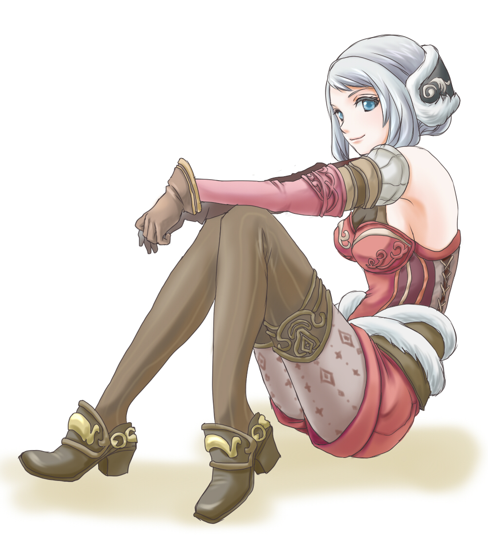 1girl arciela_v_adoulin bare_shoulders blue_eyes blush breasts brown_gloves brown_shoes brown_thighhighs closed_mouth detached_sleeves earmuffs final_fantasy final_fantasy_xi fur_trim gloves grey_hair grey_pantyhose hume jumpsuit layered_legwear layered_sleeves long_sleeves medium_breasts no_bra outstretched_arms pantyhose pink_sleeves print_legwear print_pantyhose red_jumpsuit sakutsuki shoes short_hair short_jumpsuit sideboob sitting smile solo striped_clothes striped_thighhighs thighhighs vertical-striped_clothes vertical-striped_thighhighs