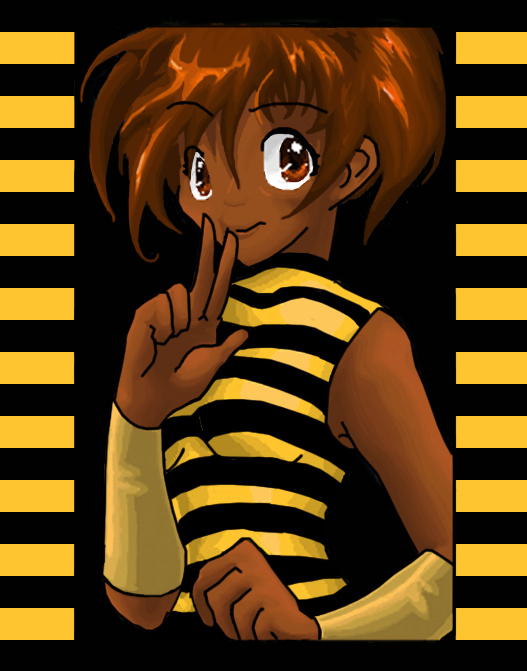 1girl bee_costume black_background border brown_eyes brown_hair bumble_bee dark-skinned_female dark_skin dc_comics female_focus karen_beecher shirt sleeveless solo striped_background striped_clothes striped_shirt two-tone_stripes v vambraces