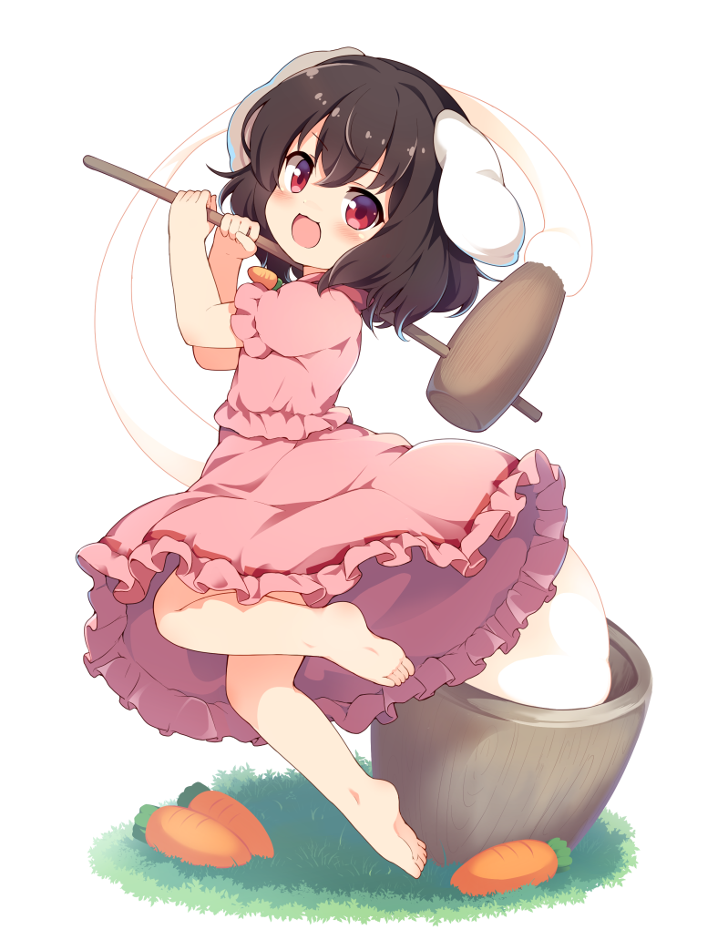 1girl animal_ears baku-p barefoot blush brown_hair carrot carrot_necklace floppy_ears food full_body game_cg hakurei_frontier_spell_strive holding holding_mallet inaba_tewi jewelry kine long_hair looking_at_viewer mallet mochi mochitsuki necklace official_art open_mouth pendant pink_shirt pink_skirt rabbit_ears red_eyes ribbon-trimmed_skirt ribbon_trim shirt short_sleeves skirt smile solo third-party_source toes touhou transparent_background