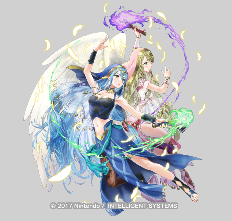 2girls alternate_costume asymmetrical_legwear azura_(fire_emblem) azura_(hatari)_(fire_emblem) blonde_hair blue_hair breasts choker feathers feet female_focus fire fire_emblem fire_emblem:_radiant_dawn fire_emblem_fates fire_emblem_heroes full_body green_eyes green_fire holding holding_torch kaya8 leanne_(fire_emblem) leanne_(hatari)_(fire_emblem) long_hair looking_at_viewer medium_breasts midriff multiple_girls navel nintendo official_alternate_costume official_art pantyhose purple_fire toeless_legwear toes torch veil very_long_hair white_wings wings yellow_eyes