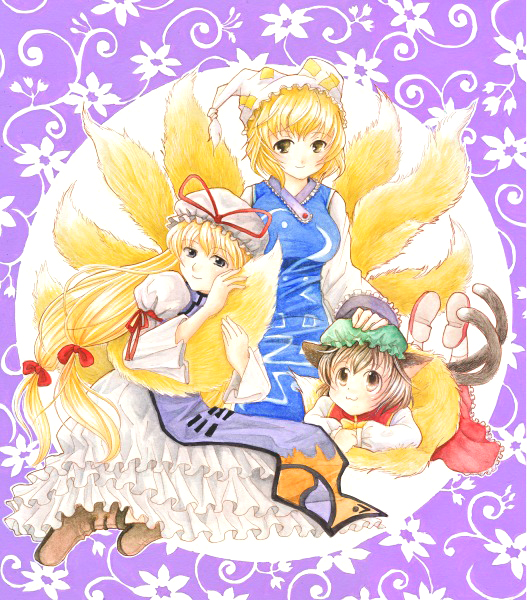 3girls :3 acrylic_paint_(medium) animal_ears animal_hat bad_id bad_pixiv_id blonde_hair boots brown_eyes brown_hair cat_ears cat_girl cat_tail chen female_focus fox_tail gintarou_(puipuiginta) grey_eyes hair_ribbon hat hat_ribbon long_hair long_sleeves mob_cap multiple_girls multiple_tails painting_(medium) mob_cap ribbon shoes short_hair socks tail tassel touhou traditional_media watercolor_(medium) wide_sleeves yakumo_ran yakumo_yukari yellow_eyes