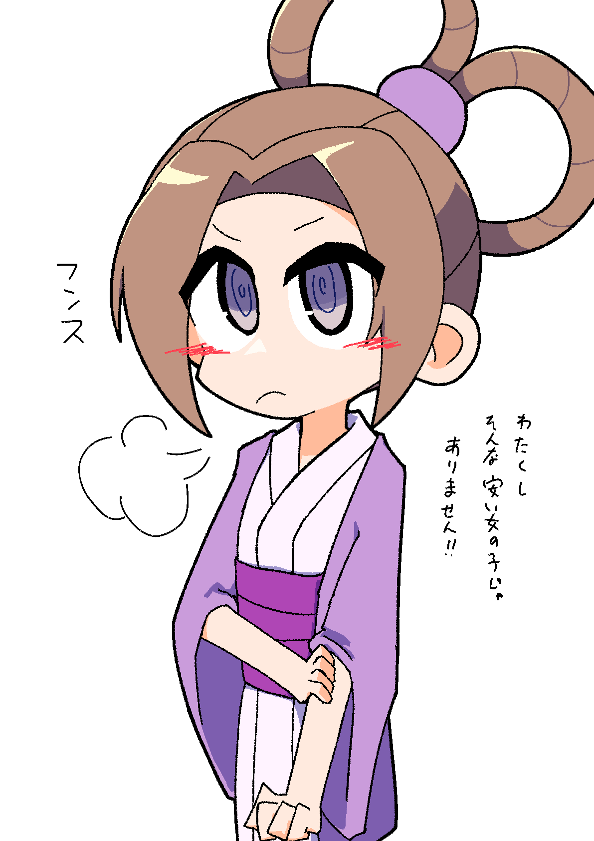 ace_attorney blush brown_hair dress highres japanese_clothes japanese_text kan_(kam48360493) kimono pearl_fey pout puff_of_air purple_dress