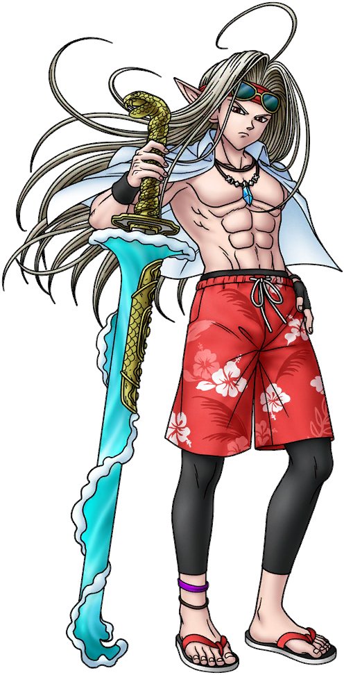 1boy abs ahoge anklet artist_request black_gloves black_leggings demon_boy dragon_quest dragon_quest_iv dragon_quest_tact eyewear_on_head fingerless_gloves flip-flops floating_clothes floating_hair floral_print gloves headband hibiscus_print holding holding_sword holding_weapon jewelry leggings long_hair looking_at_viewer male_focus muscular muscular_male necklace official_alternate_costume official_art parted_hair pisaro pointy_ears red_eyes red_headband red_swim_trunks sandals shirt shirt_on_shoulders single_glove solo sword third-party_source weapon white_background white_hair white_shirt