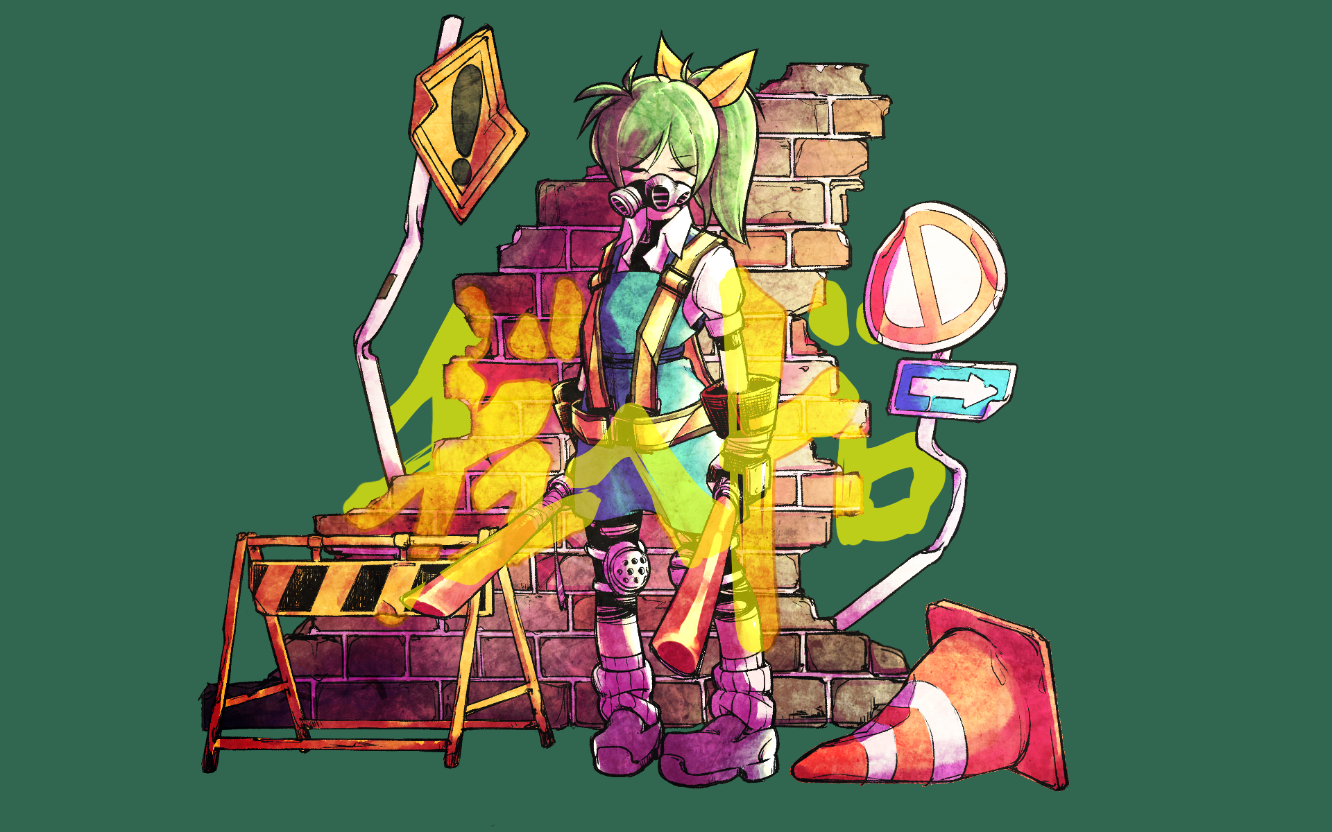 ! 1girl blue_skirt blue_vest bow brick_wall broken_wall closed_eyes collared_shirt commentary_request cookie_(touhou) daiyousei diyusi_(cookie) full_body green_background green_hair grey_shoes hair_bow high-visibility_clothing high-visibility_vest high_ponytail highres knee_pads loose_socks mask medium_hair no_symbol ponytail puffy_short_sleeves puffy_sleeves respirator road_closed_to_vehicles_sign road_sign shirt shoes short_sleeves sign skirt skirt_set socks solo standing touhou traffic_barrier traffic_baton traffic_cone ukiwagirl vest warning_sign white_shirt white_socks yellow_bow