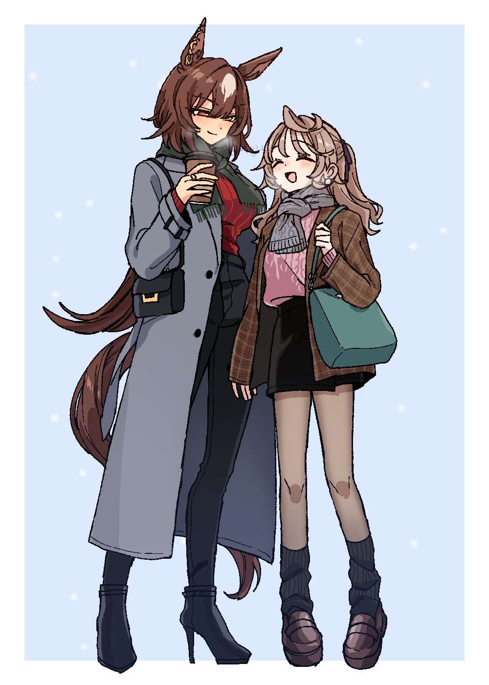 2girls alternate_costume animal_ears bag black_pants black_shoes black_skirt black_socks blush breasts breath brown_hair brown_jacket brown_pantyhose brown_shoes casual closed_eyes closed_mouth coat cup disposable_cup female_trainer_(umamusume) flat_chest full_body grey_coat handbag high_heels highres holding holding_cup horse_ears horse_girl horse_tail jacket jewelry large_breasts loafers long_hair long_sleeves looking_at_another multiple_girls open_clothes open_coat open_jacket open_mouth pants pantyhose pink_sweater red_shirt ring scarf shirt shoes shoulder_bag sirius_symboli_(umamusume) skirt smile socks standing sweater tail toji_(y2toj2) trainer_(umamusume) trench_coat twitter_username umamusume watermark