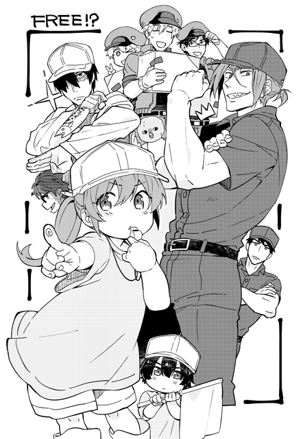 !? 10s 1girl 6+boys aged_down bird blowing blush box newsboy_cap child closed_mouth copyright_name cosplay crossed_arms fish flag free! greyscale hair_over_one_eye hat hataraku_saibou hazuki_nagisa helper_t_(hataraku_saibou) high_speed! holding iwatobi-chan jacket killer_t_(hataraku_saibou) killer_t_(hataraku_saibou)_(cosplay) kirishima_ikuya long_hair maru_nage matsuoka_gou matsuoka_rin monochrome multiple_boys nanase_haruka_(free!) platelet_(hataraku_saibou) platelet_(hataraku_saibou)_(cosplay) pointing pointing_at_viewer red_blood_cell_(hataraku_saibou) ryuugazaki_rei shorts tachibana_makoto toono_hiyori u-1146 u-1146_(cosplay) uniform whistle yamazaki_sousuke