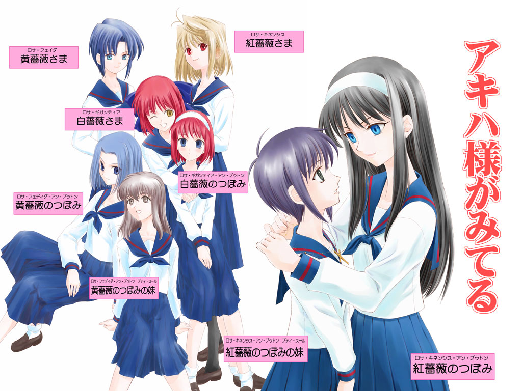 6+girls arcueid_brunestud blonde_hair ciel_(tsukihime) crossover everyone hisui_(tsukihime) kohaku_(tsukihime) maria-sama_ga_miteru misawa_hanei multiple_girls parody school_uniform seo_akira serafuku shirotsumekusa siblings sisters tohno_akiha tsukihime tsukihime_souka twins