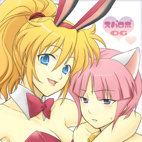 2girls animal_ears banpresto bare_shoulders blonde_hair blue_eyes blush bow bowtie breasts cat_ears cleavage excellen_browning fake_animal_ears happy heart hug large_breasts lips lowres mai_kobayashi mizuki_kaya multiple_girls open_mouth pink_hair playboy_bunny ponytail purple_eyes rabbit_ears short_hair smile super_robot_wars sweat wl_valsion yuri