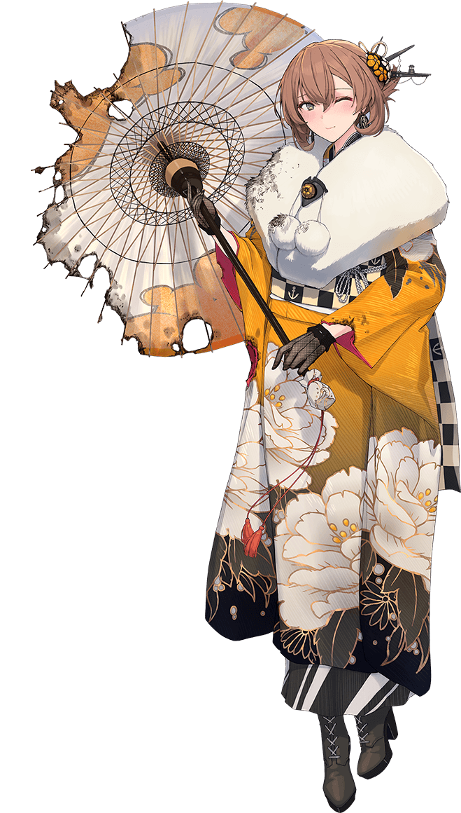 1girl black_boots boots brown_hair floral_print full_body gloves green_eyes hair_ornament headgear japanese_clothes kantai_collection kimono looking_at_viewer mutsu_(kancolle) mutsu_(new_year)_(kancolle) new_year official_art one_eye_closed orange_kimono shizuma_yoshinori short_hair smile solo torn_clothes torn_umbrella transparent_background umbrella