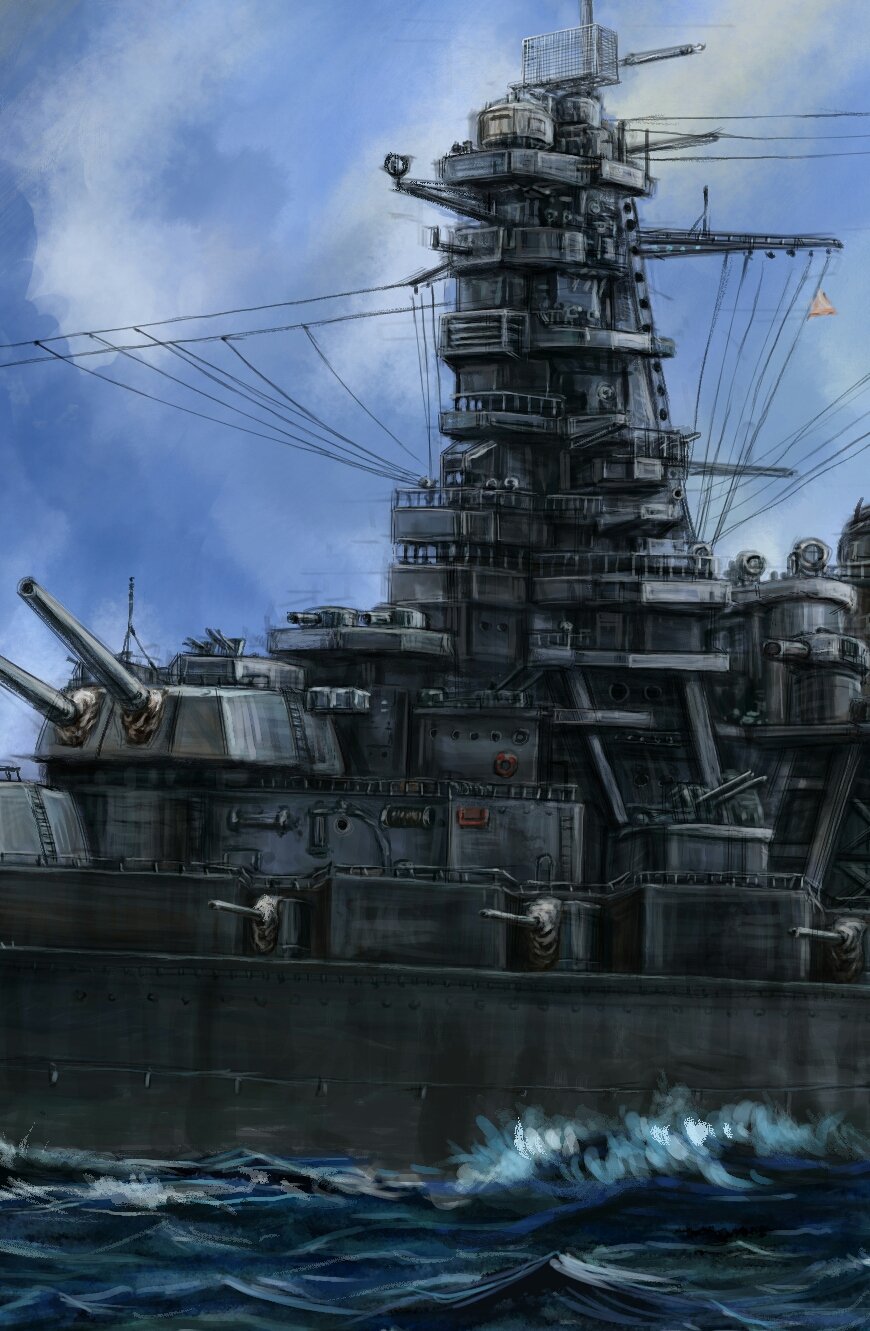 battleship blue_sky highres imperial_japanese_navy kongou_(battleship) limited_palette mast metal_wire military_vehicle no_humans ocean original sailing ship ship_deck ship_turret sky vehicle_focus warship watercraft waves zandan_zero_to_na!?