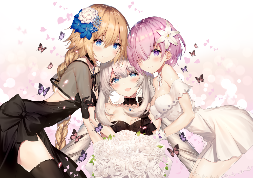 3girls bare_shoulders blonde_hair blue_eyes blush bouquet braid breasts bug butterfly cleavage dress fate/grand_order fate_(series) flower girl_sandwich hair_flower hair_ornament hair_over_one_eye insect jeanne_d&#039;arc_(fate) jeanne_d&#039;arc_(formal_dress)_(fate) jeanne_d&#039;arc_(ruler)_(fate) long_hair looking_at_viewer marie_antoinette_(fate) marie_antoinette_(formal_dress)_(fate) mash_kyrielight mash_kyrielight_(formal_dress) multiple_girls necomi official_alternate_costume open_mouth purple_eyes purple_hair sandwiched short_hair signature silver_hair single_braid smile twintails