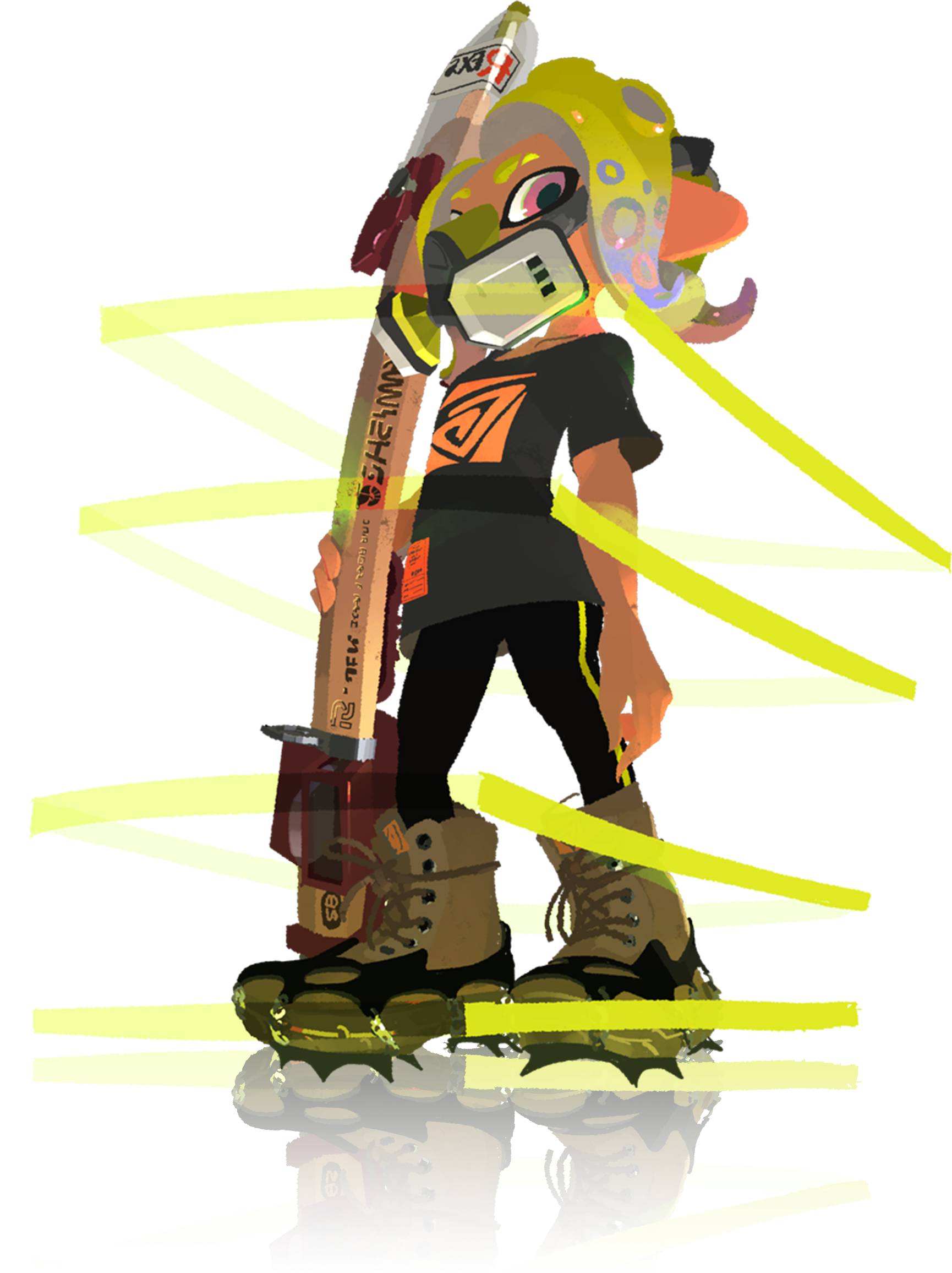 1girl ankle_boots arm_at_side black_leggings black_shirt black_sleeves blonde_hair boots brown_boots collarbone eyebrow_cut fashion gas_mask gun highres holding holding_weapon inoue_seita lace-up_boots leather leather_boots leggings legs_apart logo_print looking_at_viewer mask monster_girl nintendo no_lineart octoling octoling_girl octoling_player_character official_art pink_eyes print_shirt reflection rifle scylla second-party_source shirt simple_background single_vertical_stripe sniper_rifle snipewriter_5b_(splatoon) solo spiked_boots splat_zones_(splatoon) splatoon_(series) splatoon_3 standing t-shirt tentacle_hair transparent_background vertical-striped_leggings weapon