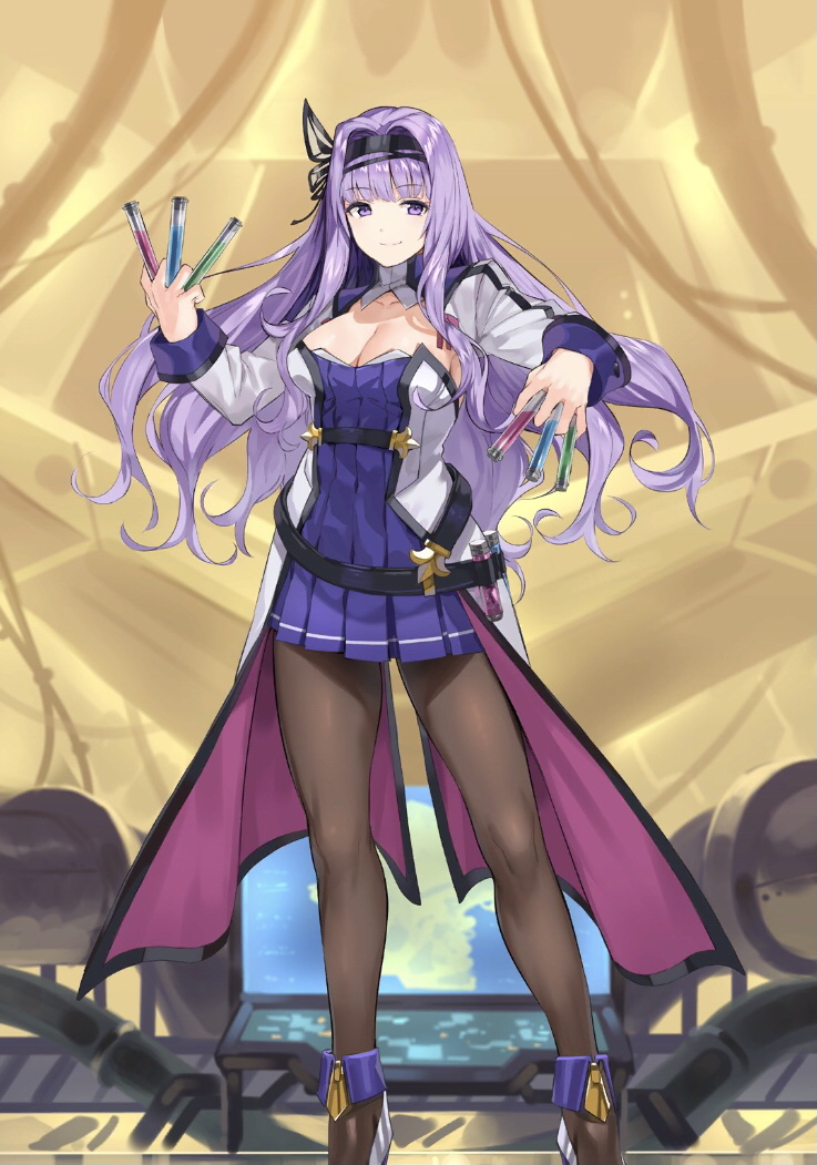 antenna_hair arc_system_works artist_request belt blazblue blazblue_alternative:_dark_war blazblue_remix_heart blazblue_variable_heart bow breasts butterfly_hair_ornament chemistry cleavage hair_bow hair_ornament hairband kajun_faycott large_breasts long_hair looking_at_viewer official_art pantyhose purple_eyes purple_hair skirt smile solo third-party_source very_long_hair vial