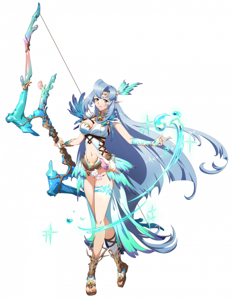 1girl arm_guards bandaged_leg bandages blue_hair body_markings bow_(weapon) breasts brooch circlet clam_shell cleavage closed_mouth clothing_cutout conch crossed_legs curtained_hair full_body game_cg hair_ornament holding holding_bow_(weapon) holding_weapon huge_weapon hydrokinesis jewelry langrisser langrisser_mobile large_breasts leotard long_hair long_sidelocks looking_at_viewer magic navel navel_cutout nemia_(langrisser) official_art outstretched_arm parted_bangs pointy_ears revealing_clothes sandals seashell shell side_cutout sidelocks simple_background single_vambrace smile solo standing strap swirl tachi-e third-party_source transparent_background vambraces very_long_hair water weapon yellow_eyes