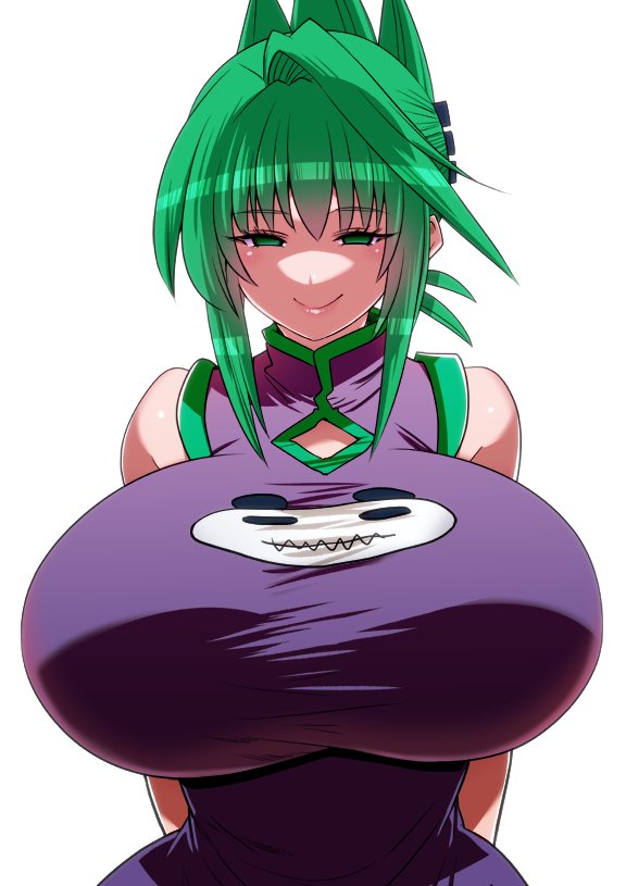 1girl alternate_breast_size arms_behind_back breasts china_dress chinese_clothes clothing_cutout dress green_eyes green_hair huge_breasts perepere-kun shaman_king short_hair smile solo tao_jun tight_clothes tight_dress white_background