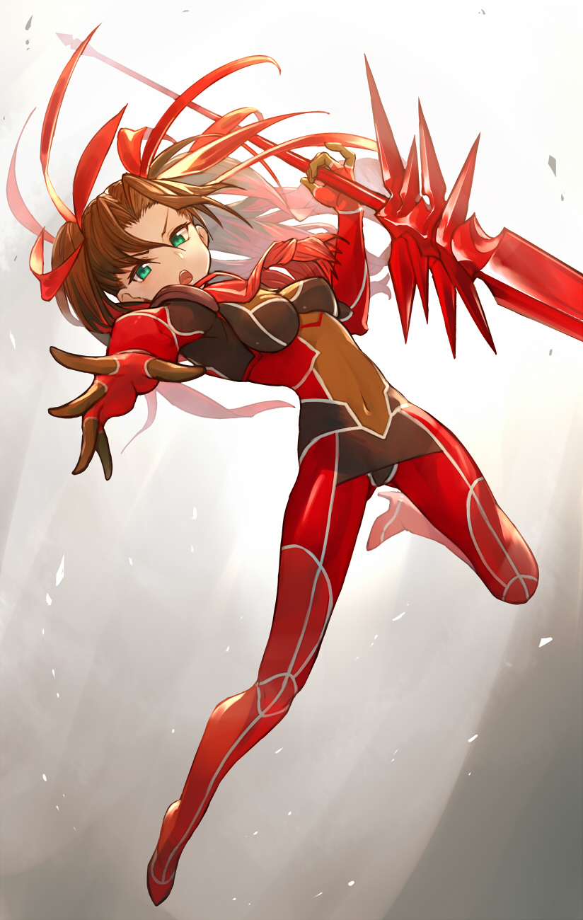 10s 1girl black_bodysuit black_hair bodysuit breasts cosplay cu_chulainn_(fate) cu_chulainn_(fate/extra) cu_chulainn_(fate/stay_night) cu_chulainn_(fate/stay_night)_(cosplay) fate/extra fate/extra_last_encore fate_(series) gae_bolg_(fate) gradient_hair hair_ribbon high_heels highres holding holding_weapon multicolored_bodysuit multicolored_hair official_alternate_costume open_mouth polearm red_bodysuit red_hair ribbon skin_tight small_breasts teko tohsaka_rin tohsaka_rin_(fate/extra) tohsaka_rin_(lancer) toosaka_rin_(lancer) weapon