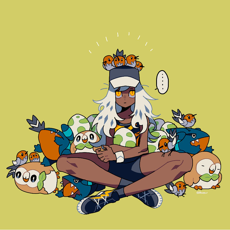 1girl baseball_cap dark-skinned_female dark_skin edarow egg fletchinder full_body gabite gen_4_pokemon gen_6_pokemon gen_7_pokemon green_background hat holding holding_egg indian_style long_hair nintendo pokemon pokemon_(creature) pokemon_egg rowlet simple_background sitting solo talonflame white_hair yellow_eyes
