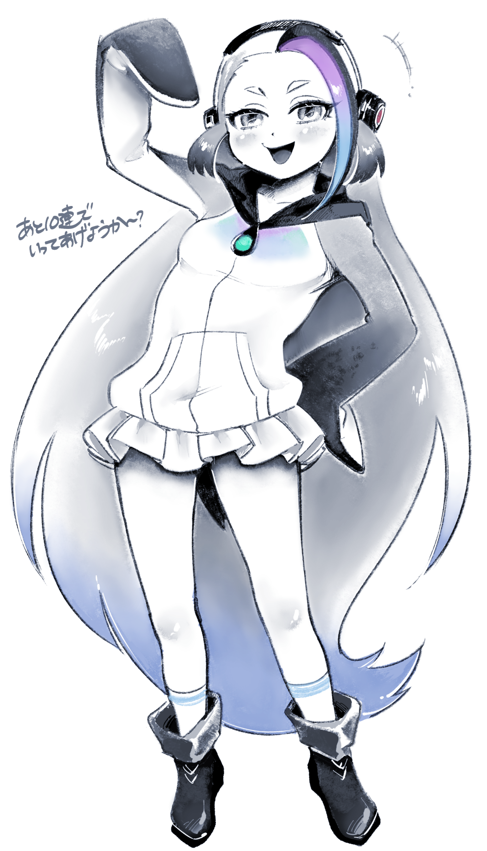 1girl animal_costume black_footwear empty_eyes giant_penguin_(kemono_friends) headphones highres hood hoodie jewelry kemono_friends kemono_friends_3 long_hair looking_at_viewer pendant penguin_costume penguin_girl penguin_tail single_hair_intake socks tail two-tone_sweater very_long_hair yokuko_zaza