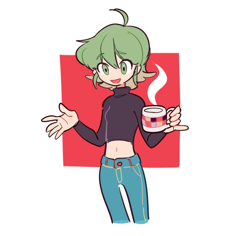 1girl ahoge black_shirt black_sleeves blue_pants buttons commentary cropped_legs cup dated_commentary denim dolman_(dm) eyelashes green_eyes green_hair holding holding_cup jeans long_sleeves looking_ahead midriff mug navel open_mouth original outstretched_hand pants pocket shirt short_hair simple_background smile solo square steam turtleneck turtleneck_shirt white_background
