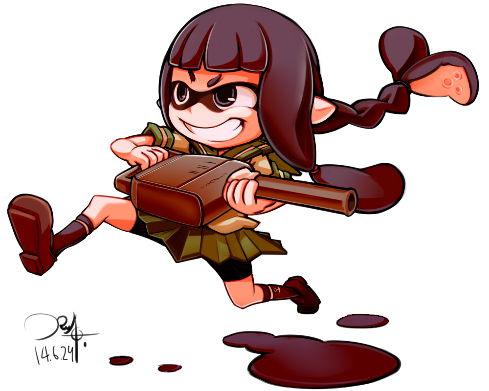 1girl black_eyes black_hair blunt_bangs braid cosplay dated female_focus green_skirt grin inkling inkling_girl inkling_player_character kantai_collection kitakami_(kancolle) kitakami_(kancolle)_(cosplay) long_hair monster_girl nintendo pleated_skirt pointy_ears running ryuuto_(ryutopia) school_uniform serafuku ship_turret short_sleeves single_braid skirt smile solo splatoon_(series) splatoon_1 tentacle_hair