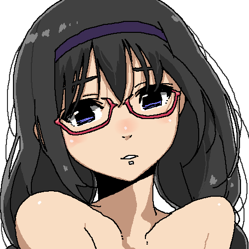 1girl akemi_homura black_hair chiisan female_focus glasses hairband looking_at_viewer lowres mahou_shoujo_madoka_magica nude portrait purple_eyes simple_background solo white_background