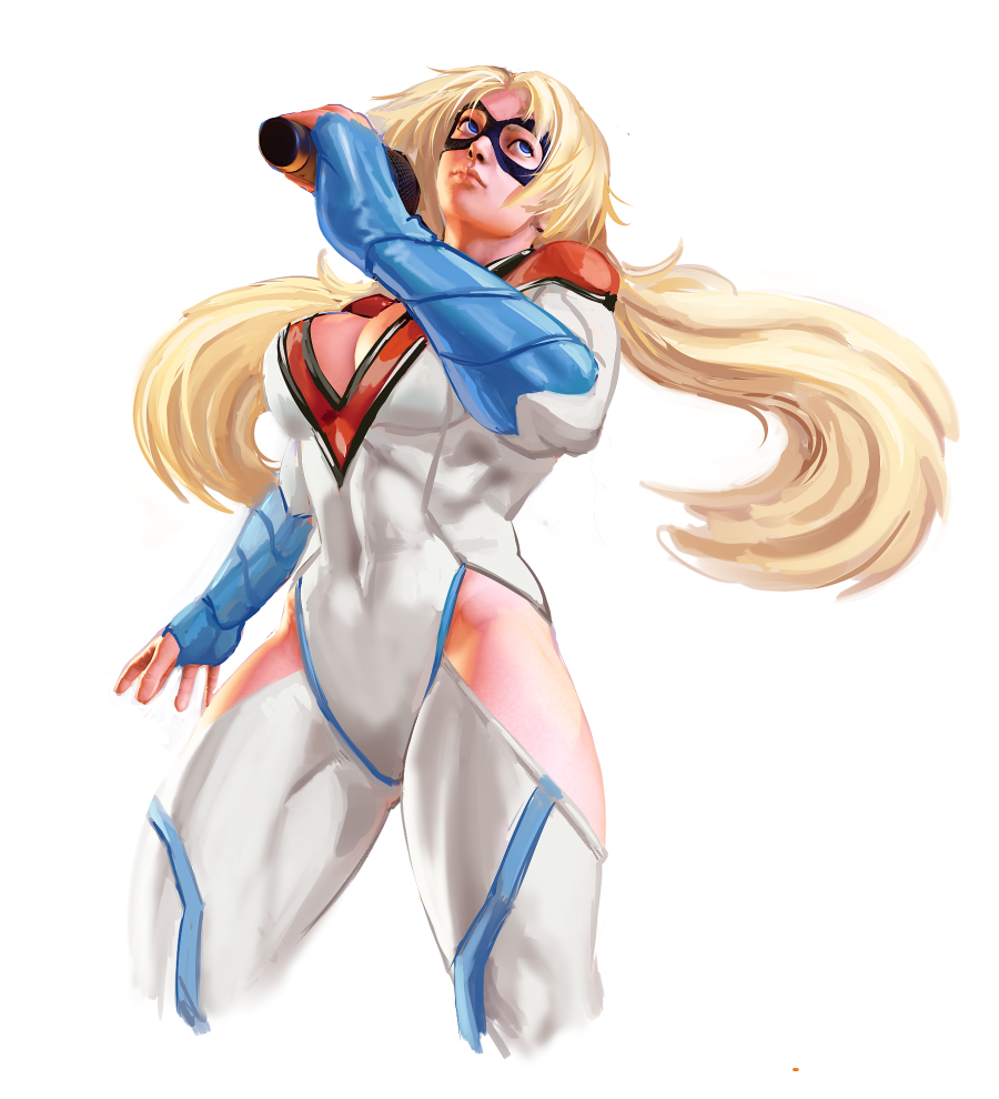 1girl blonde_hair blue_eyes bodysuit boots breasts cleavage cleavage_cutout clothing_cutout cosplay covered_navel cropped_legs dc_comics diepod domino_mask female_focus fingerless_gloves gloves injustice:_gods_among_us justice_league large_breasts leotard long_hair mask microphone power_girl power_girl_(cosplay) rainbow_mika shoulder_pads sleeved_leotard solo street_fighter superhero_costume thigh_boots thighhighs toned twintails very_long_hair white_background