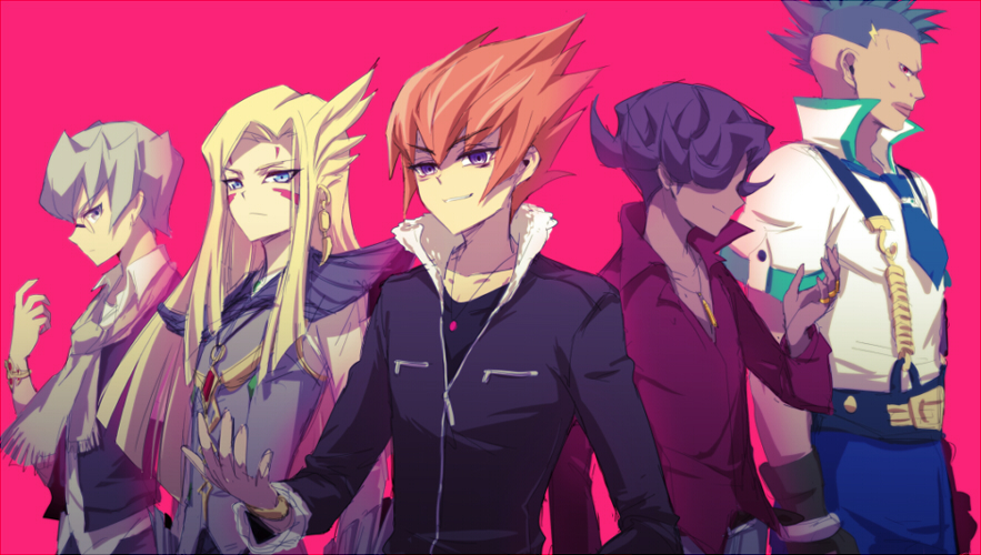 5boys arito_(yu-gi-oh!) armor arms_at_sides black_jacket black_vest blonde_hair blue_eyes blue_necktie blue_pants breastplate brown_scarf dark-skinned_male dark_skin dress_shirt durbe_(yu-gi-oh!) facial_mark facing_to_the_side facing_viewer fur-trimmed_jacket fur_trim glasses grey_eyes grey_hair grey_pants grey_tunic grin hair_over_eyes hair_slicked_back hand_up jacket liusang looking_at_viewer looking_to_the_side male_focus mizael_(yu-gi-oh!) mohawk multiple_boys necktie open_clothes open_vest orange_hair pants parted_bangs partially_unbuttoned pink_background popped_collar purple_eyes red_shirt scarf shaved_head shirt shoulder_armor smile spiked_hair suspenders tunic vector_(yu-gi-oh!) vest white_shirt yu-gi-oh! yu-gi-oh!_zexal
