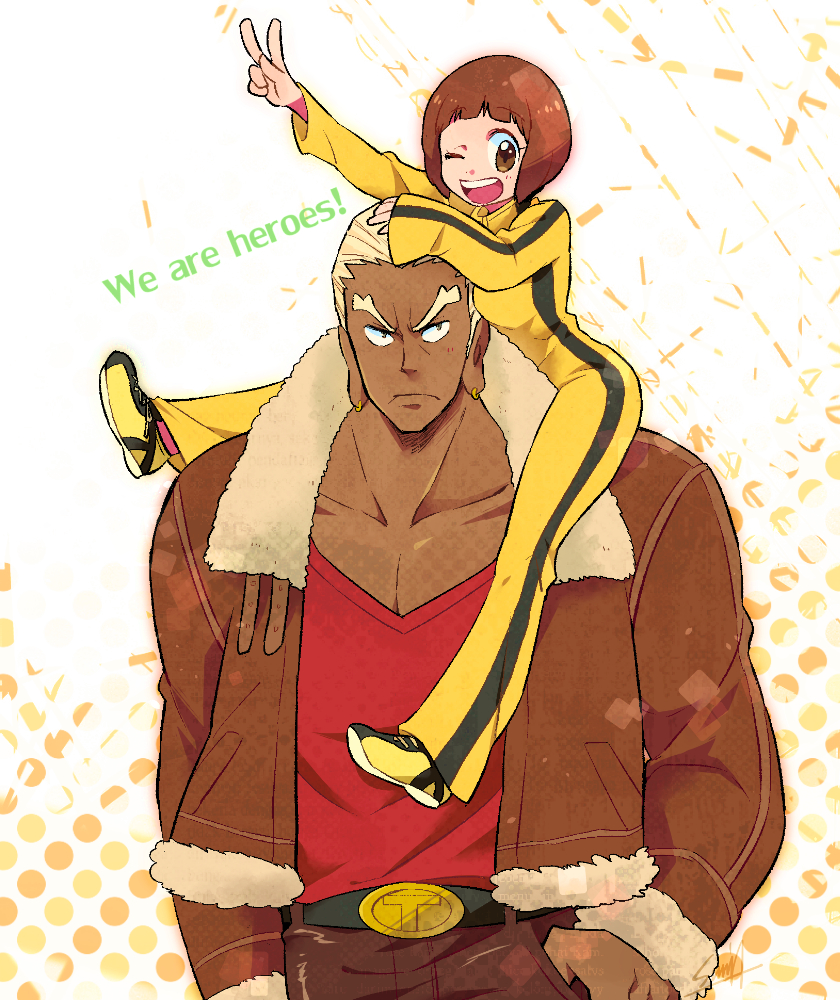 1boy 1girl anosumi_(ggpg) antonio_lopez antonio_lopez_(cosplay) bad_id bad_pixiv_id belt blonde_hair bomber_jacket brown_hair bruce_lee&#039;s_jumpsuit cosplay dark-skinned_male dark_skin english_text gamagoori_ira huang_pao-lin huang_pao-lin_(cosplay) jacket kill_la_kill mankanshoku_mako one_eye_closed sitting sitting_on_shoulder tiger_&amp;_bunny track_suit v wink