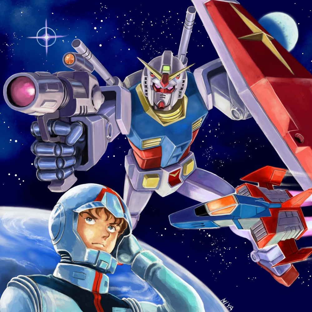 1boy aiming amuro_ray artist_name beam_rifle blue_eyes bodysuit brown_hair closed_mouth commentary_request core_fighter earth_(planet) earth_federation energy_gun flying gun gundam hand_up helmet holding holding_gun holding_weapon looking_up mecha mecha_pilot_suit miyagawa_zzz mobile_suit mobile_suit_gundam moon normal_suit_(gundam) pilot_helmet planet purple_eyes robot rx-78-2_gundam science_fiction shield space space_helmet spacecraft spacesuit star_(sky) starfighter v-fin weapon white_bodysuit yasuhiko_yoshikazu_(style)