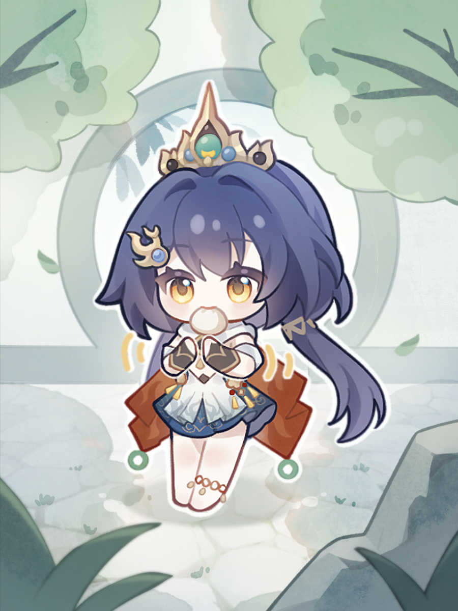 1girl barefoot blue_hair blue_skirt chibi chinese_commentary commentary_request falling_leaves food food_in_mouth full_body grass hair_ornament highres holding holding_food honkai:_star_rail honkai_(series) leaf long_hair low_twintails moon_gate mouth_hold rock shirt sishi_malus skirt solo standing steamed_bun stone_floor tree twintails very_long_hair white_shirt yellow_eyes yunli_(honkai:_star_rail)