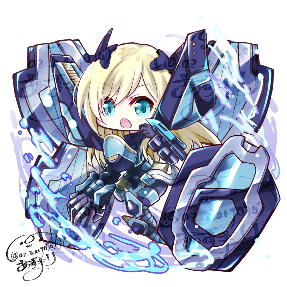 1girl armor az_(colorb05) blonde_hair blue_armor blue_eyes chibi commentary_request duel_monster full_body long_hair mecha robot signature simple_background sky_striker_ace_-_raye sky_striker_ace_-_shizuku solo water white_background yu-gi-oh!