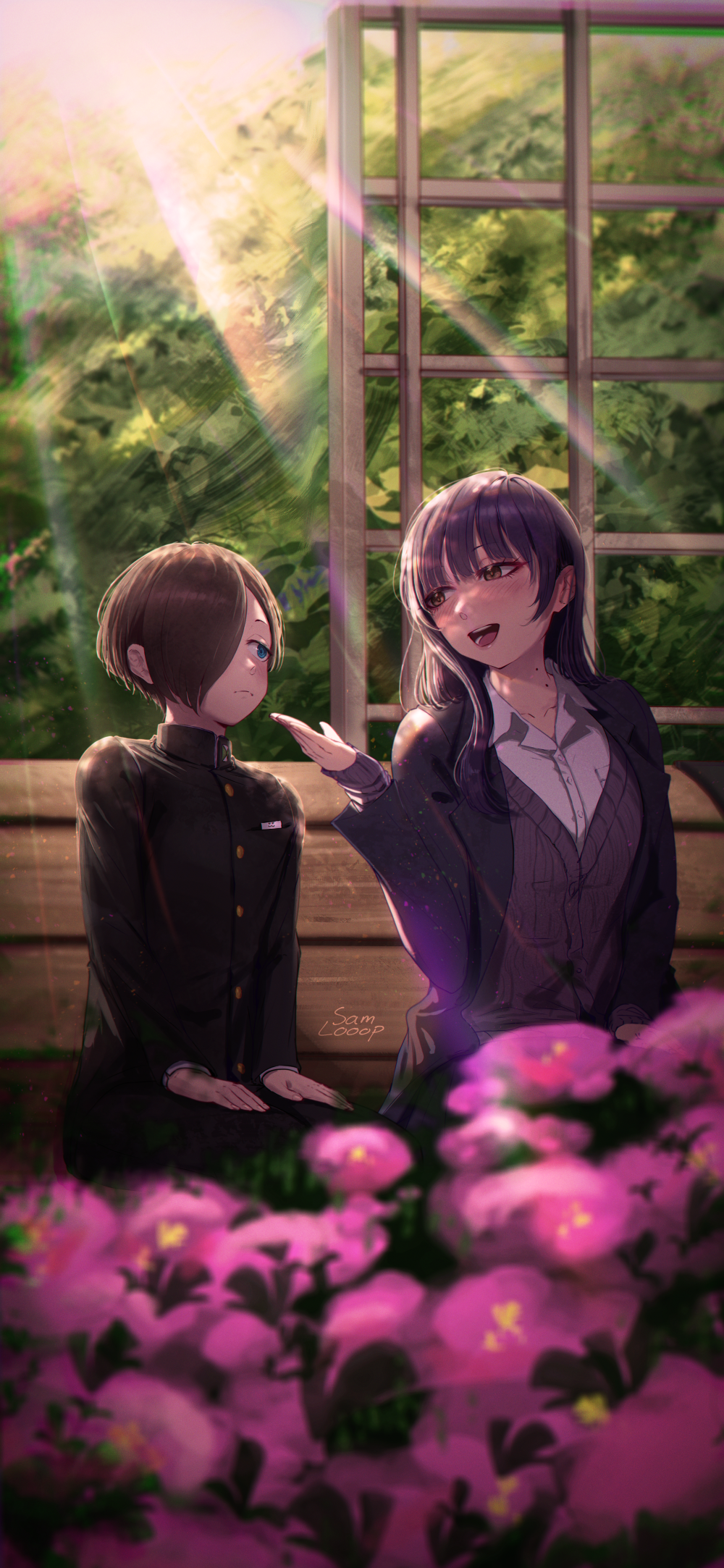 1boy 1girl artist_name black_hair black_pants blue_eyes blush boku_no_kokoro_no_yabai_yatsu brown_eyes cardigan closed_mouth collared_shirt flower gakuran hair_over_one_eye hands_on_own_knees highres ichikawa_kyoutarou jacket long_hair looking_at_another mole mole_on_neck multiple_moles on_floor open_clothes open_jacket open_mouth pants purple_cardigan purple_jacket samlooop school_uniform shirt short_hair sitting white_shirt wooden_floor yamada_anna