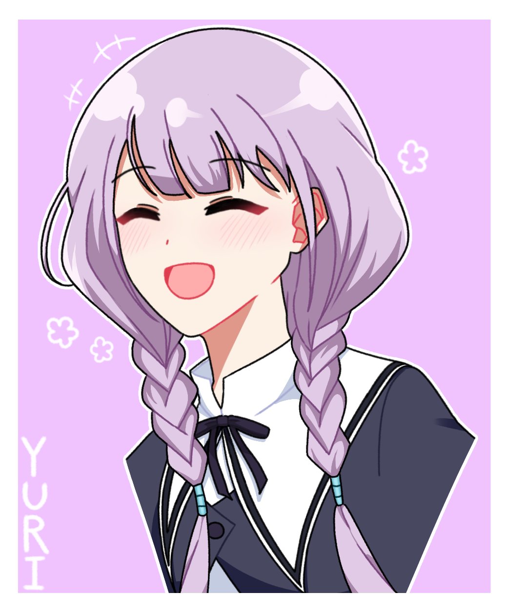 +++ 1girl :d ^_^ assault_lily black_ribbon blush border braid character_name closed_eyes commentary cropped_arms cropped_jacket flower_symbol highres hitotsuyanagi_yuri long_hair low_twin_braids low_twintails neck_ribbon open_mouth portrait purple_background purple_hair ribbon school_uniform simple_background smile solo symbol-only_commentary twin_braids twintails white_border yui_(yui1115_) yurigaoka_girls_academy_school_uniform