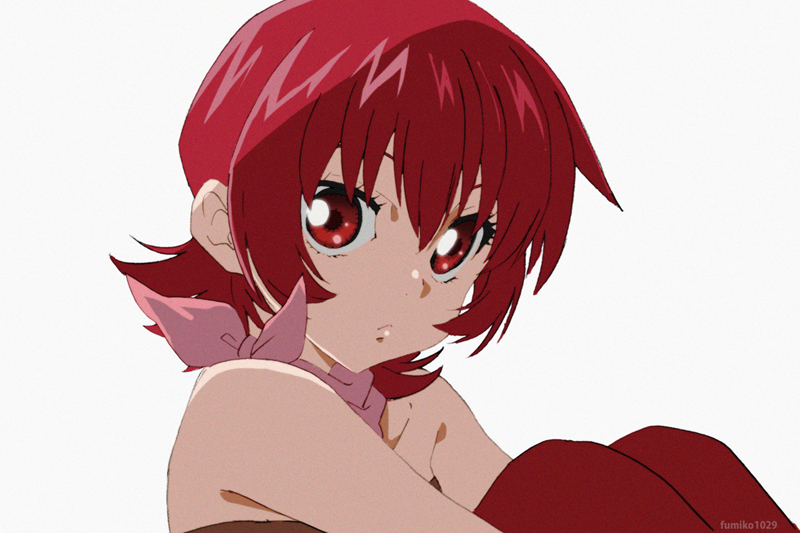 1girl bare_shoulders closed_mouth fumiko_(mesushi) iria_animi looking_at_viewer red_eyes red_hair scarf short_hair simple_background solo tales_of_(series) tales_of_innocence very_short_hair white_background