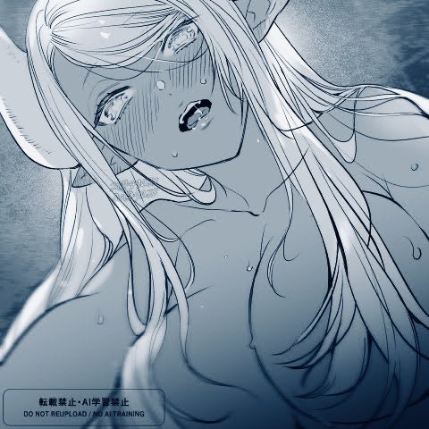 1girl blurry_edges blush breasts dark_skin dashed_eyes draph g9l33 girl_on_top granblue_fantasy horns kumbhira_(granblue_fantasy) large_breasts lowres monochrome nude open_mouth pointy_ears pov solo sweat watermark