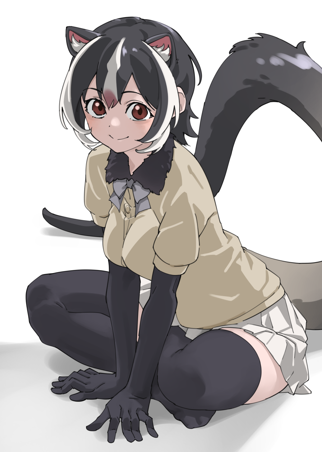 1girl animal_ear_fluff animal_ears black_fur black_gloves black_hair black_thighhighs blush bow bowtie brown_eyes commentary crossed_legs elbow_gloves extra_ears fur_collar gloves grey_bow grey_bowtie hair_between_eyes highres kemono_friends looking_at_viewer masked_palm_civet_(kemono_friends) multicolored_hair no_shoes pink_hair pleated_skirt puffy_short_sleeves puffy_sleeves short_sleeves sidelocks simple_background sitting skirt smile solo streaked_hair sweater tail tanabe_(fueisei) thighhighs white_hair white_skirt yellow_sweater zettai_ryouiki