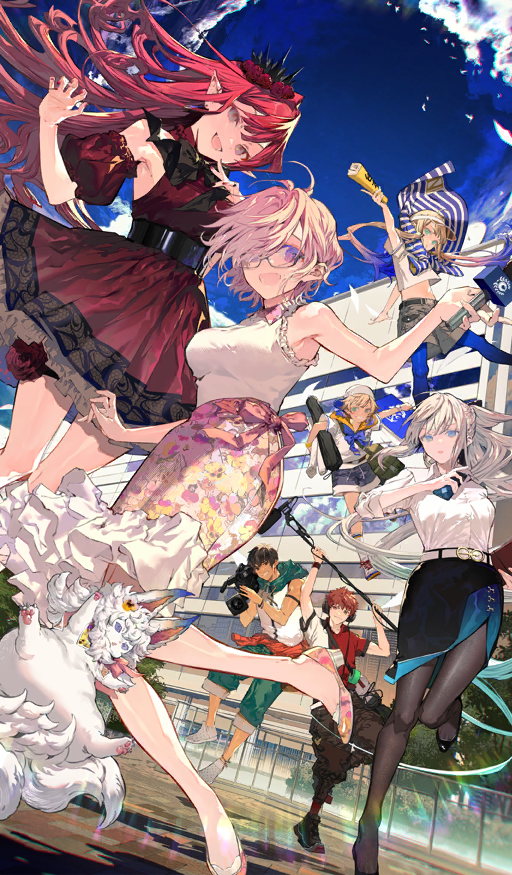 4boys 4girls arash_(fate) armlet baobhan_sith_(chaldea_satellite_station)_(fate) baobhan_sith_(fate) bare_arms bare_shoulders baseball_cap belt black_belt black_bow black_hair black_pantyhose black_shoes black_skirt blonde_hair blue_hair blue_pantyhose blue_shorts blue_sky boom_microphone bow breasts brown_pants brown_shorts building capri_pants captain_nemo_(chaldea_satellite_station)_(fate) captain_nemo_(fate) cargo_shorts chaldea_logo cloud coat_around_waist commentary_request creature crop_top dark-skinned_male dark_skin day detached_sleeves dress dress_shirt dutch_angle emiya_shirou fate/grand_order fate_(series) floral_print_skirt fou_(fate) front_slit gradient_hair green_hood green_pants hair_between_eyes hair_bow hair_over_one_eye hat high_heels holding holding_microphone holding_paper hood hood_down jacket jewelry jumping leg_up long_hair low_twintails marine_nemo_(chaldea_satellite_station)_(fate) marine_nemo_(fate) mash_kyrielight medium_breasts medium_hair microphone midair morgan_le_fay_(chaldea_satellite_station)_(fate) morgan_le_fay_(fate) multicolored_hair multiple_boys multiple_girls nemo_(fate) nozaki_tsubata official_alternate_costume official_art open_mouth outdoors pants pantyhose paper pink_bow pink_hair pointy_ears ponytail print_shoes puffy_short_sleeves puffy_sleeves pumps purple_eyes red_dress red_hair red_shirt sailor_collar senji_muramasa_(fate) shirt shoes short_dress short_hair short_sleeves short_twintails shorts sidelocks skirt sky sleeveless sleeveless_jacket sleeveless_shirt smile sneakers socks sunlight third-party_source three-quarter_sleeves tv_camera twintails video_camera visor_cap waist_bow white_hair white_hat white_jacket white_shirt white_shoes white_socks