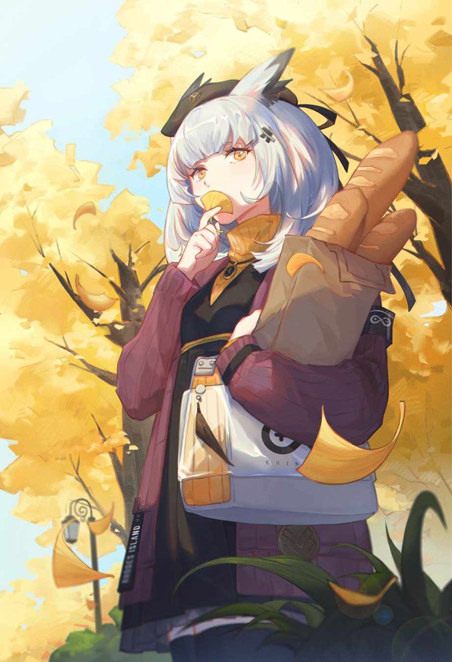 1girl against_railing animal_ears arknights autumn_leaves bag baguette beret black_dress black_hat black_thighhighs bread breasts covering_own_mouth day dress food ginkgo_leaf grey_hair hair_ornament handbag hat highres jacket jewelry lamppost leaf long_sleeves looking_at_viewer medium_hair mie_lu outdoors paper_bag pendant ptilopsis_(arknights) ptilopsis_(serenity)_(arknights) railing red_jacket small_breasts solo standing sweater thighhighs tree turtleneck turtleneck_sweater yellow_eyes yellow_sweater
