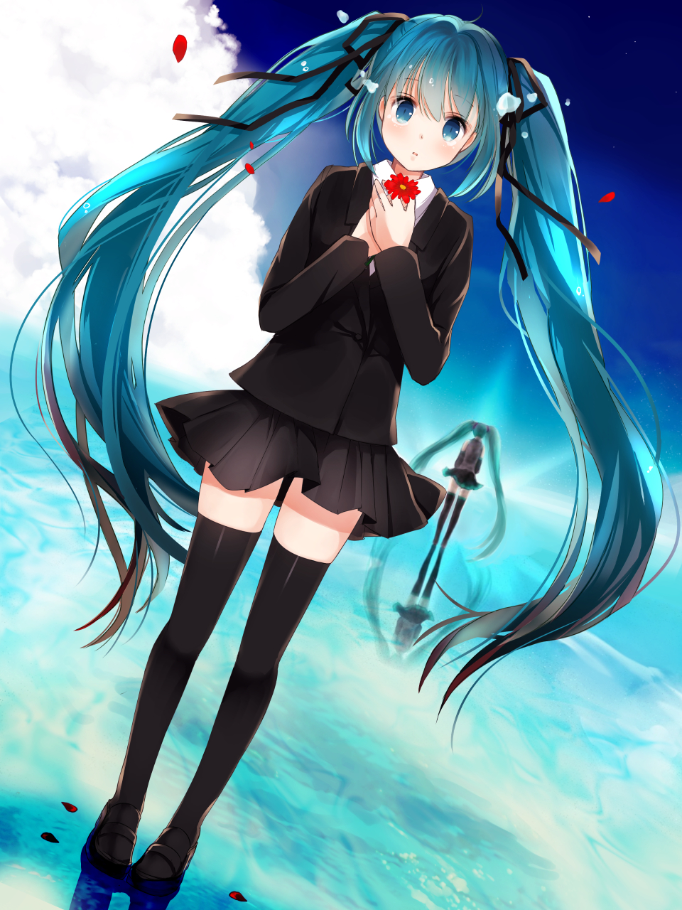 2girls aqua_eyes aqua_hair bad_id bad_pixiv_id black_legwear dutch_angle flower hair_ribbon hatsune_miku hatsune_miku_(saihate) highres izumil long_hair multiple_girls ribbon saihate_(vocaloid) skirt thighhighs twintails very_long_hair vocaloid