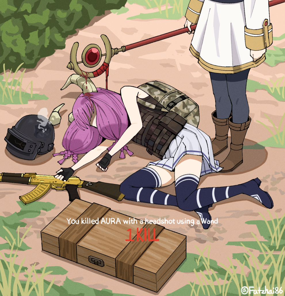 2girls akm armor assault_rifle aura_(sousou_no_frieren) aura_bullying_(meme) backpack bag black_gloves blood braid breasts camouflage commentary_request corpse dacia death demon_girl demon_horns elf english_text fatzhai fingerless_gloves frieren gloves golden_gun gun horns kalashnikov_rifle long_hair lying meme multiple_braids multiple_girls on_ground on_side pantyhose playerunknown&#039;s_battlegrounds pointy_ears purple_hair rifle skirt sousou_no_frieren standing thighhighs twintails weapon welding_mask white_hair white_skirt