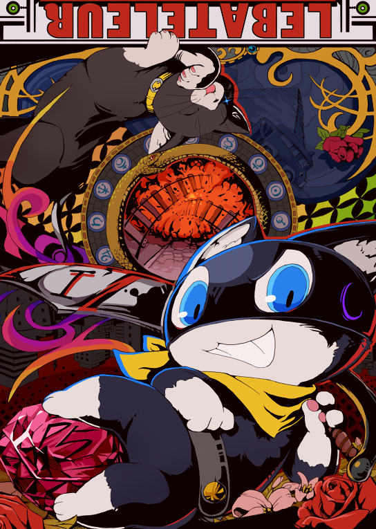 bandana black_cat blue_eyes cat flower french_text gem grin holding holding_sword holding_weapon looking_at_viewer mokechi morgana_(cat)_(persona_5) morgana_(persona_5) no_humans one_eye_closed persona persona_5 railroad_tracks red_flower red_rose rose smile sparkling_eyes sword tarot the_magician_(tarot) weapon white_flower yellow_bandana