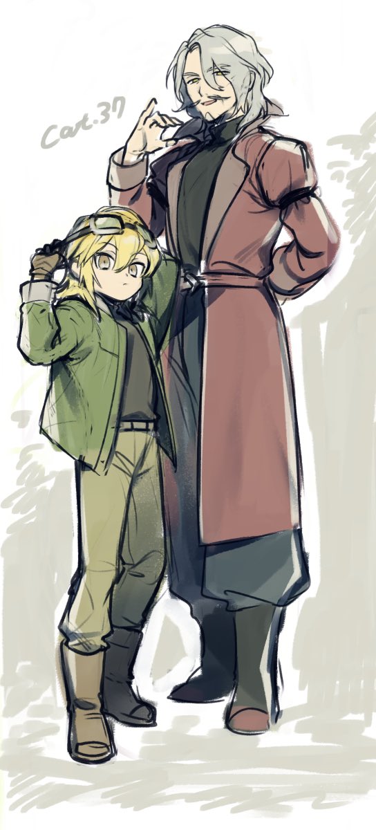 2boys black_footwear blonde_hair boots brown_footwear brown_gloves brown_pants character_request facial_hair full_body gloves goggles goggles_on_head green_jacket grey_hair hair_between_eyes hand_up highres jacket jiulao_(the_legend_of_luoxiaohei) multiple_boys mustache pants standing luo_xiaohei_zhanji vox