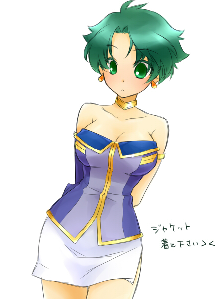1girl :&lt; aya_kobayashi bare_shoulders breasts cleavage earrings elbow_gloves female_focus gloves green_eyes green_hair jewelry large_breasts matching_hair/eyes mayo-black short_hair skirt solo super_robot_wars super_robot_wars_original_generation text_focus translated